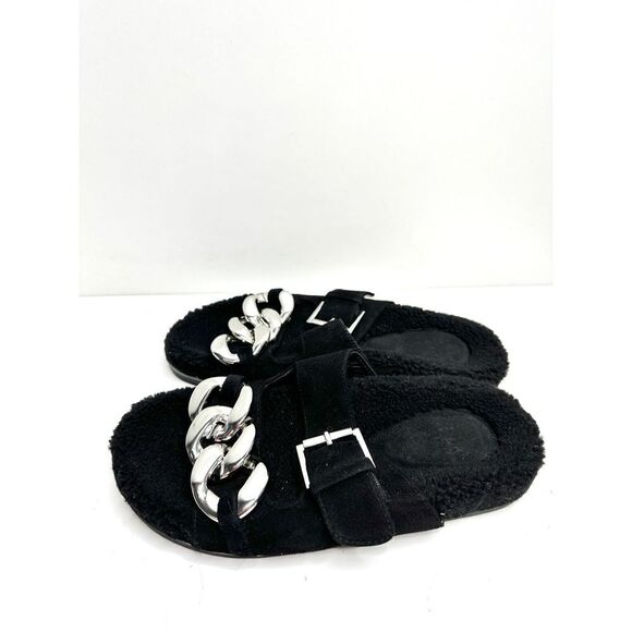 Marc Fisher Sandals Womens Size 6 Leather Black Fresno Shearling Sherpa Slides - Picture 2 of 10